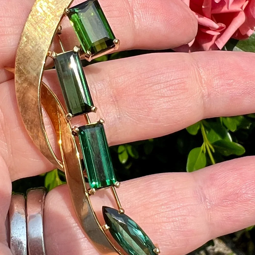 VINTAGE 18K GOLD CUSTOM LARGE GREEN TOURMALINE PIN BROOCH STATEMENT FLORENTINE